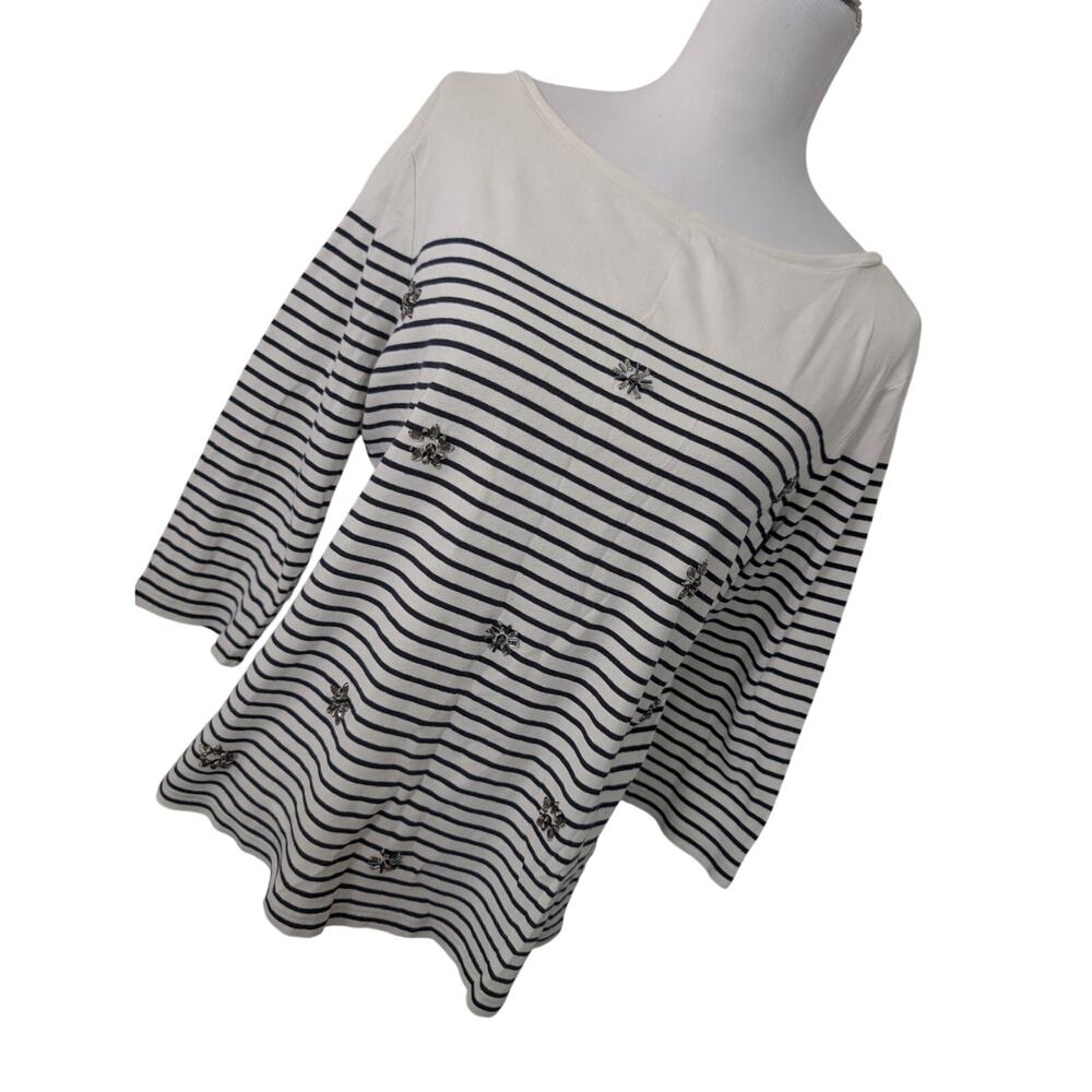 TALBOTS! CREAM W/BLACK STRIPES KNIT TOP DETAILED W/RHINESTONE FLOWERS! SZ XLP